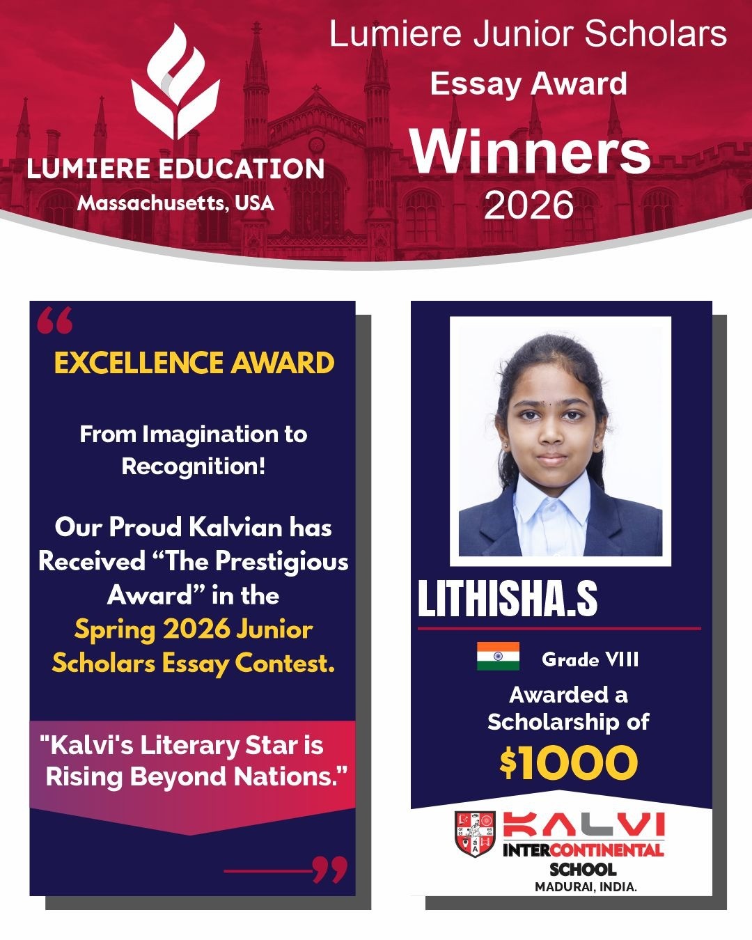The Prestigious Award in the Spring 2026 Junior Scholars Essay Contest.